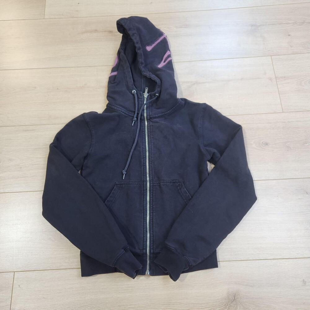 Stussy Hoodie Womens XS Black Pink Full Zip Graphic Hood Fleece Sweatshirt Y2K